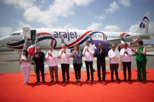 Vice President Raquel Peña leads the reception of the tenth Arajet aircraft