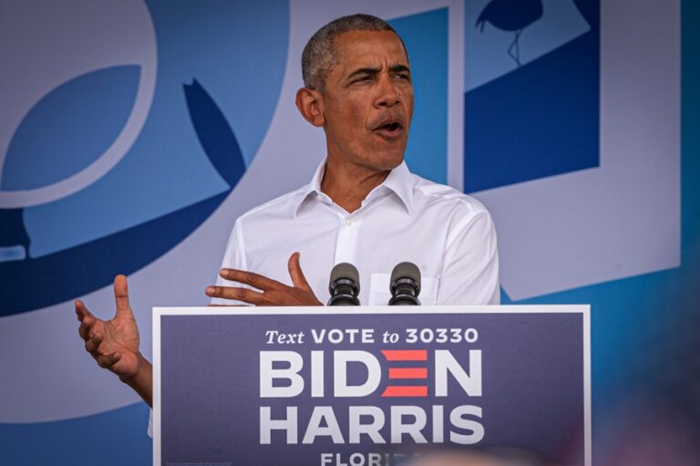 Former US President Barack Obama at an event in support of the Democratic presidential nomination